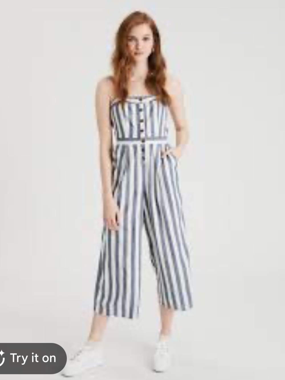 American Eagle Blue & Ivory Striped Cropped Linen Blend Jumpsuit Medium